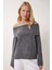 Kadın Antrasit Degaje Yaka Fitilli Triko Kazak 1