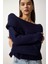 Kadın Lacivert Degaje Yaka Fitilli Triko Kazak 3