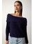 Kadın Lacivert Degaje Yaka Fitilli Triko Kazak 4