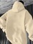 Paris Yatay Çizgi Baskılı Kapüşonlu Cepli Içi Yünlü Bej Sweatshirt 2