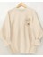 Çiçekli Cep Göğüs Baskılı Bisisklet Yaka Bej Sweatshirt 1