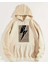 Leopar Desenli Şimşek Baskılı Kapüşonlu Cepli Içi Yünlü Bej Sweatshirt 1