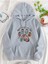 Çiçekli Pati Baskılı Kapüşonlu Cepli Pamuklu Gri Sweatshirt 1