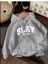 Slay All Day Baskılı Kapüşonlu Cepli Içi Yünlü Gri Sweatshirt 1