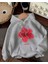 Hibiscus Baskılı Kapüşonlu Cepli Pamuklu Gri Sweatshirt 1