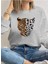 Yarım Yüz Leopar Baskılı Bisiklet Yaka Gri Sweatshirt 1