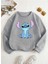 Stitch Baskılı Bisiklet Yaka Gri Sweatshirt 1