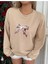 Parlak Pembe Kurdele Baskılı Bisiklet Yaka Bej Sweatshirt 1