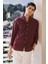 Erkek Bordo %100 Keten Düğmeli Yaka Modern Fit Cepsiz Gömlek 1