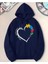 Puzzle Kalp Baskılı Kapüşonlu Cepli Pamuklu Lacivert Sweatshirt 1