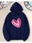 Kalp Fuşya Pembe Baskılı Kapüşonlu Cepli Pamuklu Lacivert Sweatshirt 1