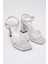 BA04585 Kadın Kare Burun 9 cm Platform Sandalet Gümüş Simli Tek Bantlı Ayakkabı - 40 3