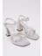 BA04586 Kadın Kare Burun 9cm Platform Sandalet Gümüş Simli Üç Taşlı Ayakkabı - 36 3