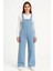 Kadın Chambray Açık Mavi Denim Görünümlü Geniş Paça Salopet Tulum - Mavi 4