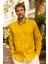 Erkek %100 Keten Hardal Rengi Düğmeli Yaka Modern Fit Cepsiz Gömlek 1