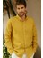 Erkek %100 Keten Hardal Rengi Düğmeli Yaka Modern Fit Cepsiz Gömlek 5