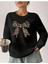 Leopar Desenli Kurdele Baskılı Bisiklet Yaka Siyah Sweatshirt 1
