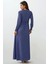 Kadın Dokulu Bisiklet Yaka Kuşaklı Modest Elbise Blue 5