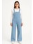 Kadın Chambray Açık Mavi Denim Görünümlü Geniş Paça Salopet Tulum - Mavi 4
