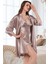 2117 Kadın Dantel Detaylı Saten Ip Askılı Kısa Gecelik Sabahlık Takım-Vizon 3