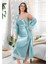 2602 Kadın Saten Degaje Yaka Ip Askılı Uzun Gecelik Sabahlık Takım-Mint 1