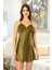 2053 Kadın Dantel Detaylı Saten Ip Askılı Kısa Gecelik Sabahlık Takım-Haki 2