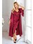2611 Kadın Dantel Detaylı Saten Ip Askılı Uzun Gecelik Sabahlık Takım-Bordo 1