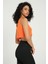 Kadın V Yaka Örme Nervürlü Fermuarlı Crop Top Turuncu 3