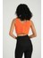 Kadın V Yaka Örme Nervürlü Fermuarlı Crop Top Turuncu 4