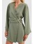 Kadın Kemer Detaylı V Yaka Uzun Kollu Mini Elbise Green 5