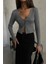 Kadın Düz V Yaka Crop Hırka Grey 3