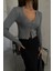 Kadın Düz V Yaka Crop Hırka Grey 4