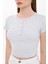Kadın Düğmeli Kısa Kollu Yuvarlak Yaka T-Shirt Gri 4