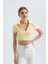 Kadın V Yakalı Polo Crop Top Yellow 3