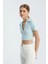 Kadın V Yakalı Polo Crop Top Mavi 1