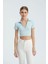 Kadın V Yakalı Polo Crop Top Mavi 3