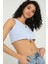 Kadın V Yaka Fitilli Örme Fermuarlı Crop Top Blue 2