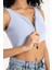 Kadın V Yaka Fitilli Örme Fermuarlı Crop Top Blue 4