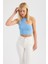 Kadın Bust Kesikli Bisiklet Yaka Örme Crop Top Blue 1