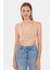 Kadın V-Yaka Kolsuz Dokuma Crop Top Natural 1