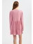 Kadın Elbise: Büzgülü Yuvarlak Yakalı Bağcıklı Katlı Uzun Kollu Mini Elbise Pink 5