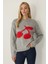 Kadın Relaxed Fit Cherry Desenli Triko Kazak Grey 1