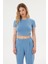 Kadın Yuvarlak Yaka Temel Crop Top Blue 1