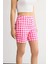 Kadın Kareli Yüksek Bel Elastik Bel Şort Pembe 1