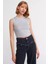 Kadın Örme Bisiklet Yaka Crop Top Açık Gri 2