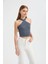 Kadın Askılı Boyun Çapraz Ön Crop Top Grey 3