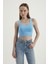 Kadın Kare Yaka Kolsuz Temel Dokuma Crop Top Blue 2