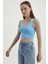 Kadın Kare Yaka Kolsuz Temel Dokuma Crop Top Blue 3