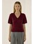 Kadın Kısa Kollu V-Yaka Örgü Kazak Bordo Kırmızı 1
