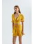 Kadın Çiçekli Surplice Yaka Kısa Kollu Crop Top Sarı 3